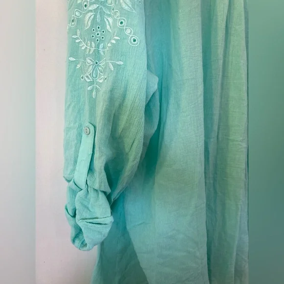 NWT soft surroundings 2X button down blouse roll tab sleeves aqua - Picture 8 of 10